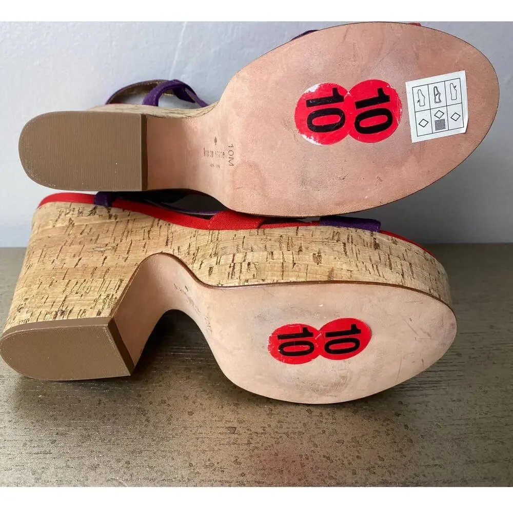 KATE SPADE SANDALS 10 PENNY PLATFORM CHUNKY CORK WEDGE HEELS STRAPPY RED PURPLE